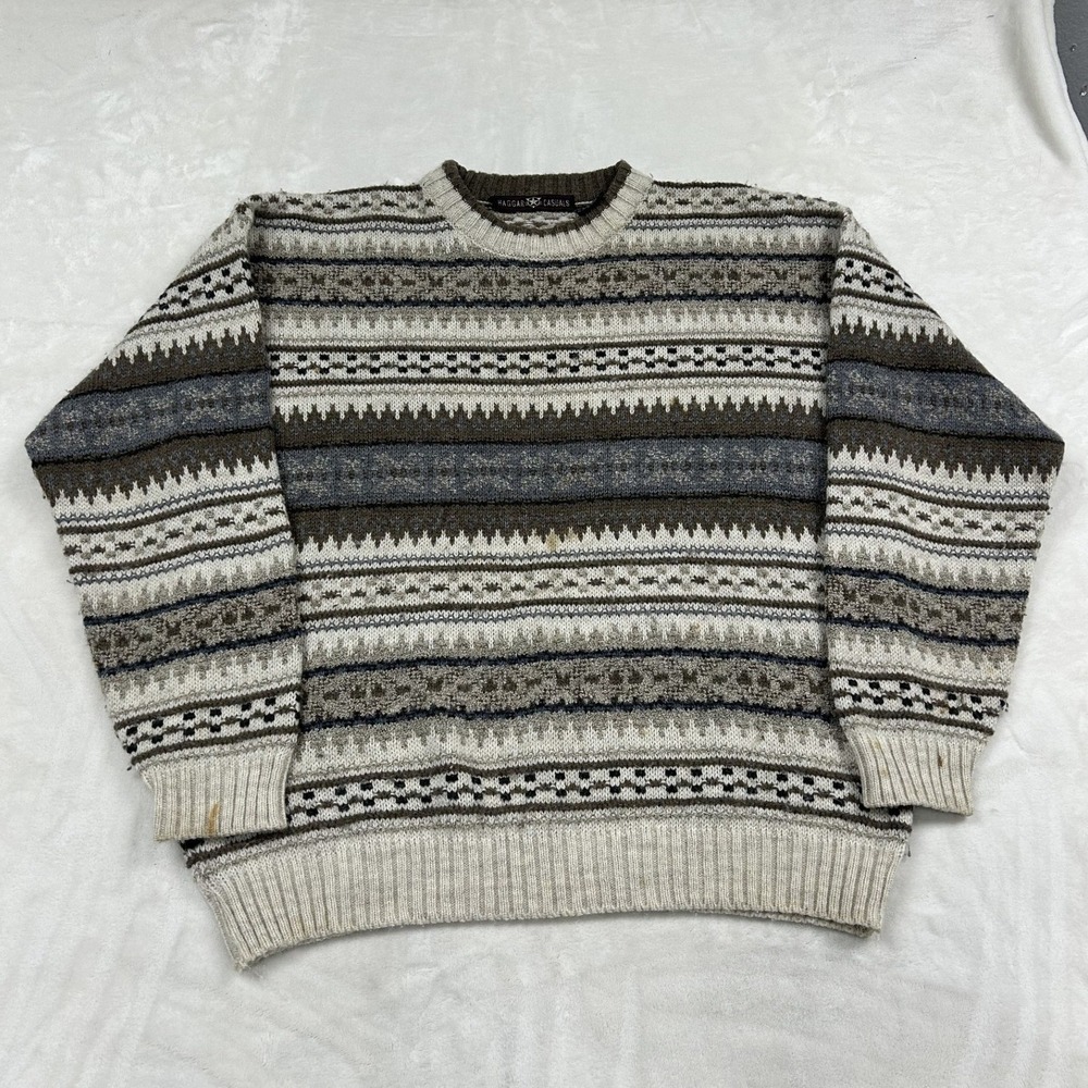 Haggar Casuals Sweater Mens Large Cream Brown Fair Isle Wool Blend Made in Italy